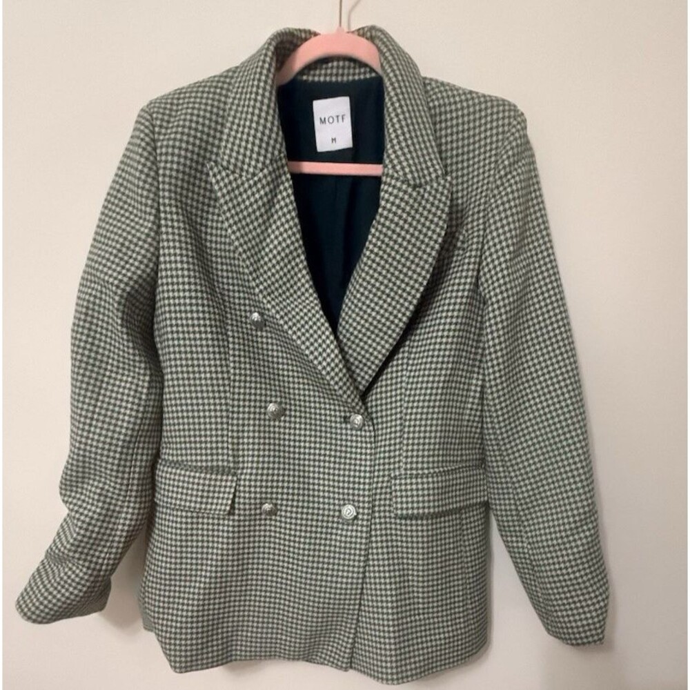 MOTF Houndstooth Formal Blazer Double-Breasted Green and Cream - Medium